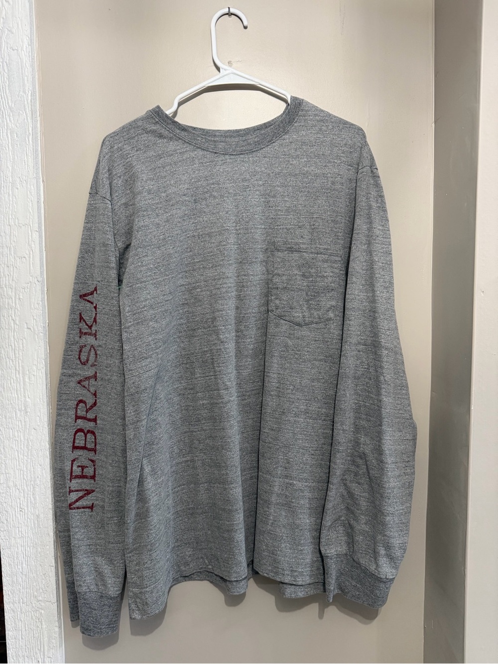 State of Mine Nebraska Gray Long Sleeve Tee with Red Sleeve Script
